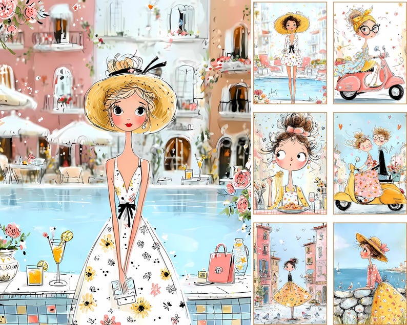 May include: A collection of six digital illustrations featuring stylized characters in various settings, including a pool scene with a floral dress, a person on a pink scooter, a person eating pasta, a couple on a yellow scooter, and coastal views.