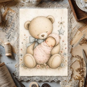 May include: A rectangular art print featuring a soft-toned illustration of a large, light brown teddy bear with a blue bow tie holding a small baby wrapped in a pink blanket. A small, hanging star ornament is depicted above the bear, surrounded by delicate floral accents on a cream-colored background.