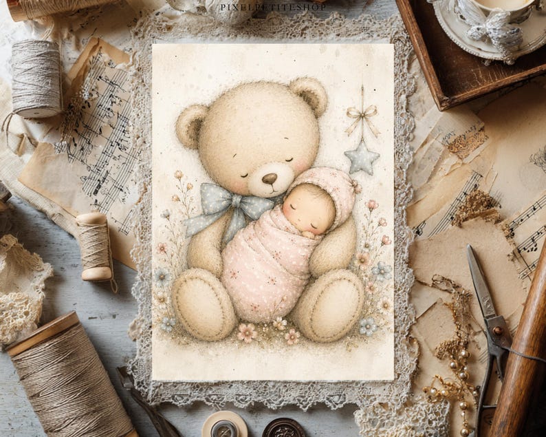 May include: A rectangular art print featuring a soft-toned illustration of a large, light brown teddy bear with a blue bow tie holding a small baby wrapped in a pink blanket. A small, hanging star ornament is depicted above the bear, surrounded by delicate floral accents on a cream-colored background.