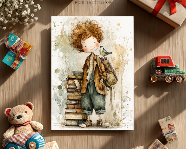 Pode incluir: Ilustra&ccedil;&atilde;o em aquarela de uma pessoa jovem com cabelo ruivo encaracolado, em p&eacute; ao lado de uma pilha de livros. A pessoa usa uma jaqueta marrom, macac&atilde;o e carrega uma mochila com um p&aacute;ssaro empoleirado. A obra de arte tem um estilo suave e fantasioso.
