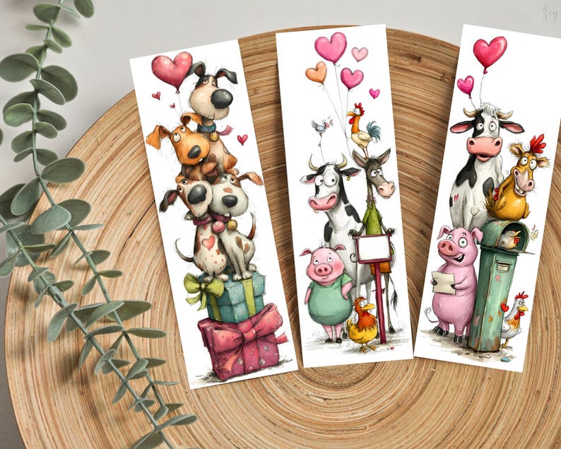 May include: Three whimsical bookmarks featuring cartoon animals. One shows a stack of dogs with heart balloons, another has a cow, pig, and rooster, and the last has a cow, pig, and rooster. Each bookmark has a white background and colorful illustrations.