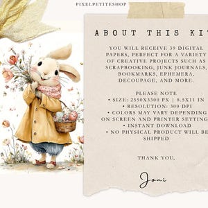 May include: Watercolor illustration of a bunny wearing a coat and scarf, holding flowers and a basket of Easter eggs. The image includes text that reads "About This Kit" and details about the digital papers.