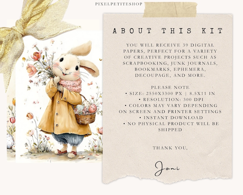 May include: Watercolor illustration of a bunny wearing a coat and scarf, holding flowers and a basket of Easter eggs. The image includes text that reads "About This Kit" and details about the digital papers.