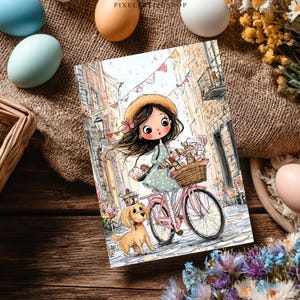 以下が含まれることがあります： ヨーロッパの街並みをピンクの自転車で走る女の子の気まぐれなイラスト。 女の子は帽子と水玉模様のドレスを着ており、花やギフトがいっぱい入ったバスケットを持っています。 王冠をかぶったゴールデンレトリバーがそばを歩いています。