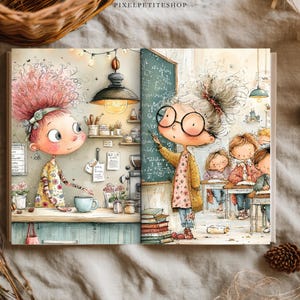Puede incluir: Un libro abierto con dos ilustraciones caprichosas. La p&aacute;gina izquierda muestra un personaje de pelo rosa en una cafeter&iacute;a. La p&aacute;gina derecha representa a un profesor con gafas escribiendo en una pizarra en un aula con alumnos.