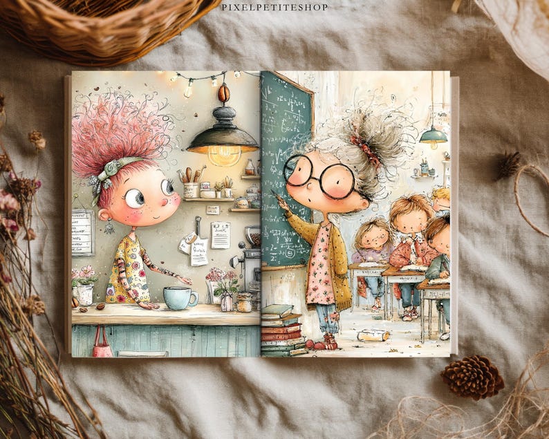 Puede incluir: Un libro abierto con dos ilustraciones caprichosas. La p&aacute;gina izquierda muestra un personaje de pelo rosa en una cafeter&iacute;a. La p&aacute;gina derecha representa a un profesor con gafas escribiendo en una pizarra en un aula con alumnos.
