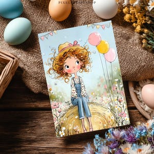 May include: A greeting card with a cartoon girl in denim overalls and a straw hat, sitting on a hay bale. Pink and yellow balloons float above her. The card is surrounded by Easter eggs and flowers, set on a wooden surface.