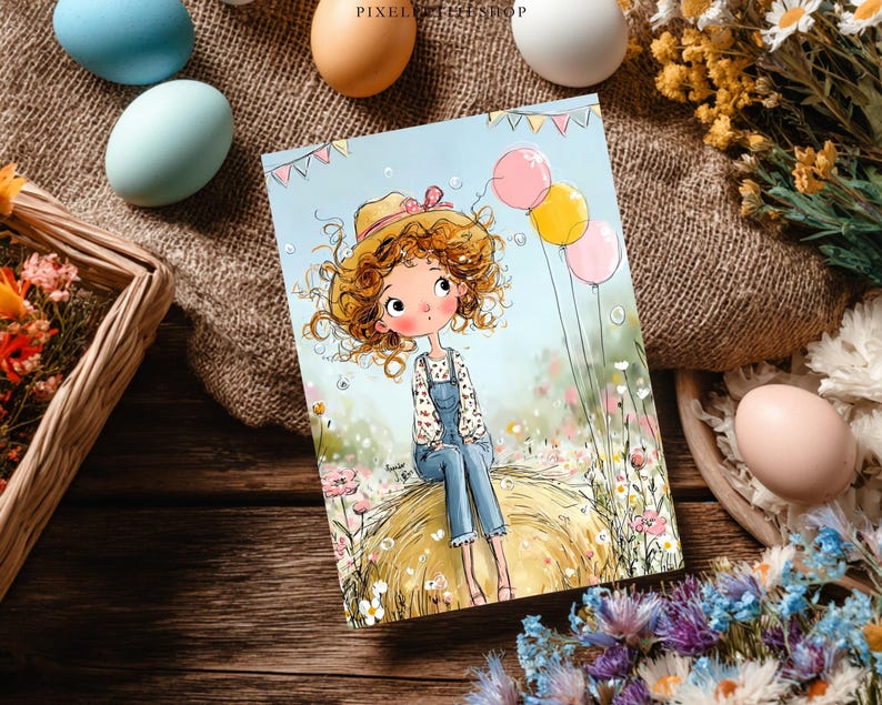 May include: A greeting card with a cartoon girl in denim overalls and a straw hat, sitting on a hay bale. Pink and yellow balloons float above her. The card is surrounded by Easter eggs and flowers, set on a wooden surface.