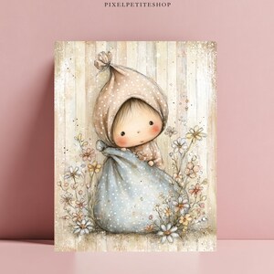 May include: A digital illustration print featuring a small character with a round face wearing a beige polka-dot hood, tucked inside a light blue polka-dot sack. The character is surrounded by delicate, hand-drawn flowers on a vertical striped background.