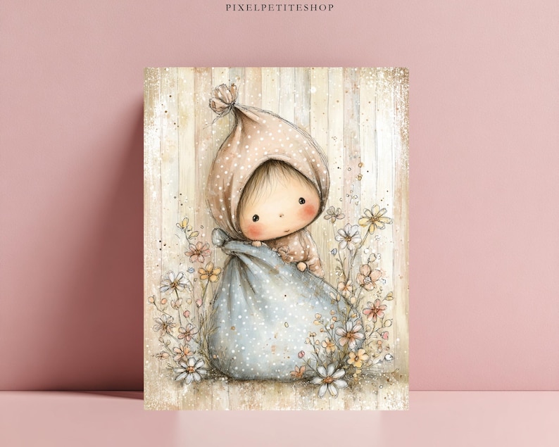 May include: A digital illustration print featuring a small character with a round face wearing a beige polka-dot hood, tucked inside a light blue polka-dot sack. The character is surrounded by delicate, hand-drawn flowers on a vertical striped background.