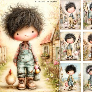 May include: Watercolor illustration of a cartoon character in overalls, holding a bucket of eggs, with a chicken. The background shows a quaint village scene with a stone path, flowers, and houses. The image has a soft, pastel color palette.
