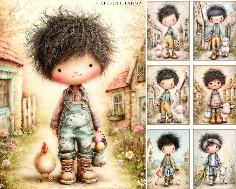 May include: Watercolor illustration of a cartoon character in overalls, holding a bucket of eggs, with a chicken. The background shows a quaint village scene with a stone path, flowers, and houses. The image has a soft, pastel color palette.