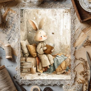 May include: Watercolor illustration of a bunny reading a book, surrounded by pillows and a blanket. The bunny is wearing a light-colored outfit. The image has a vintage aesthetic with soft colors and textures.