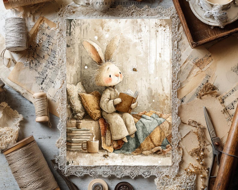 May include: Watercolor illustration of a bunny reading a book, surrounded by pillows and a blanket. The bunny is wearing a light-colored outfit. The image has a vintage aesthetic with soft colors and textures.