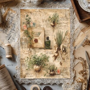 May include: A vintage botanical print showing plant illustrations with exposed roots, an envelope with stamps, and a small green bottle. The artwork is set against a backdrop of aged paper with handwritten script and lace trim.