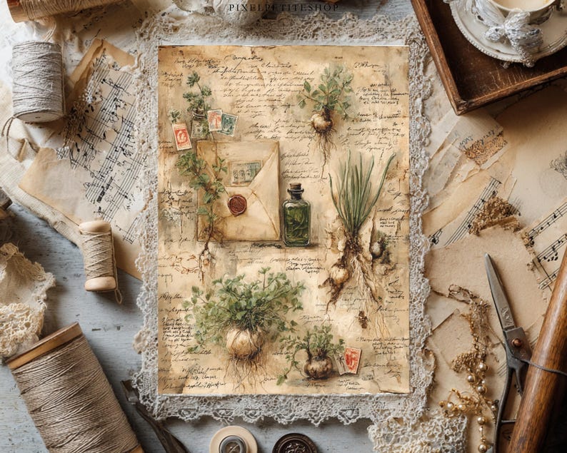 May include: A vintage botanical print showing plant illustrations with exposed roots, an envelope with stamps, and a small green bottle. The artwork is set against a backdrop of aged paper with handwritten script and lace trim.