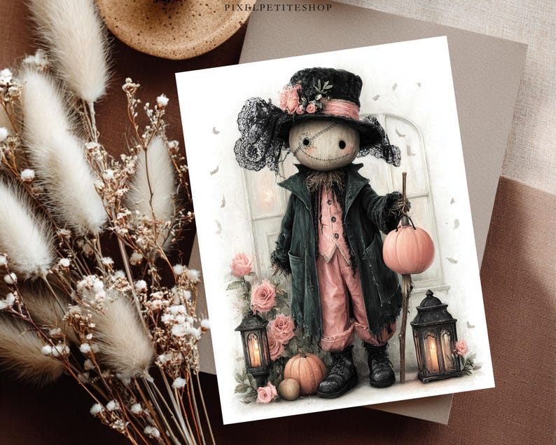 May include: A print featuring a doll with a stitched face wearing a black top hat with pink roses and lace, a dark coat, and pink trousers. The doll holds a pink pumpkin and stands between two black lanterns with candles and pink roses.