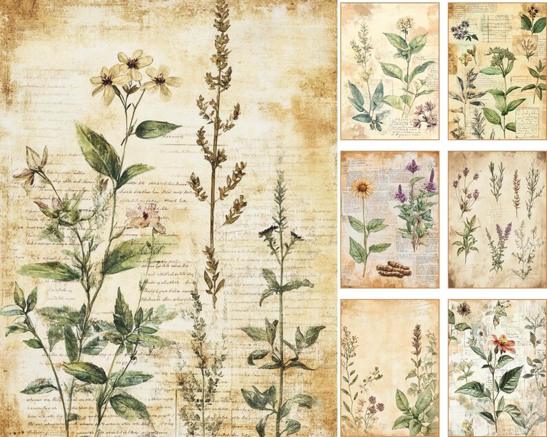 May include: A collection of botanical illustrations on aged paper. The images feature detailed watercolor paintings of various plants, including flowers and herbs, with a vintage aesthetic. The background includes handwritten script.