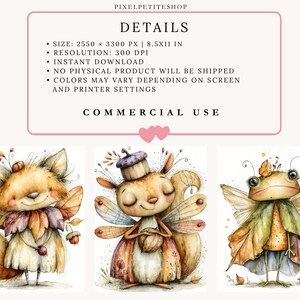 May include: A digital download featuring three watercolor illustrations of woodland creatures with wings: a fox in a leaf dress, a squirrel with an acorn hat, and a frog in a leaf cloak. Text includes PIXELPETITESHOP, DETAILS, SIZE: 2550 X 3300 PX | 8.5X11 IN, RESOLUTION: 300 DPI, INSTANT DOWNLOAD, NO PHYSICAL PRODUCT WILL BE SHIPPED, COLORS MAY VARY DEPENDING ON SCREEN AND PRINTER SETTINGS, and COMMERCIAL USE.