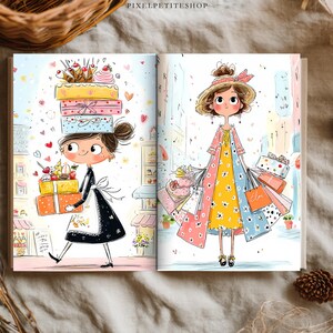 May include: An open book displaying two colorful illustrations. The left page shows a character carrying stacked gift boxes and a cake. The right page features a character in a floral dress and hat holding multiple shopping bags. Text reads PIXELPETITESHOP.