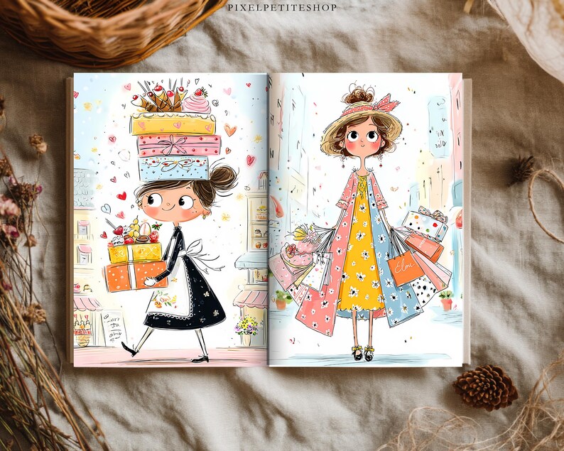 May include: An open book displaying two colorful illustrations. The left page shows a character carrying stacked gift boxes and a cake. The right page features a character in a floral dress and hat holding multiple shopping bags. Text reads PIXELPETITESHOP.