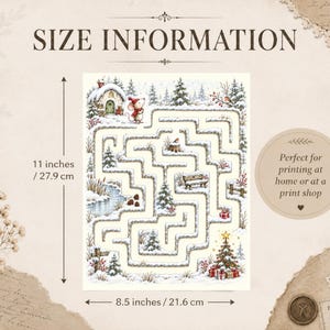 May include: A rectangular printable maze activity sheet featuring a winter scene with a mouse, a snowy cottage, pine trees, a bench, and a Christmas tree. The dimensions are 11 inches by 8.5 inches. The text reads SIZE INFORMATION.