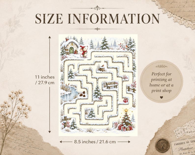 May include: A rectangular printable maze activity sheet featuring a winter scene with a mouse, a snowy cottage, pine trees, a bench, and a Christmas tree. The dimensions are 11 inches by 8.5 inches. The text reads SIZE INFORMATION.