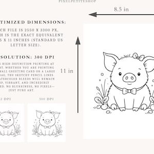 May include: A digital colouring page featuring a cute pig with a bow on its head and a bowtie, surrounded by plants. The text specifies optimised dimensions of 8.5 x 11 inches and a resolution of 300 DPI for high-definition printing quality.