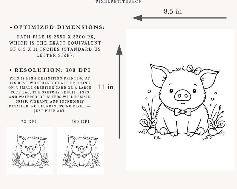 May include: A digital colouring page featuring a cute pig with a bow on its head and a bowtie, surrounded by plants. The text specifies optimised dimensions of 8.5 x 11 inches and a resolution of 300 DPI for high-definition printing quality.