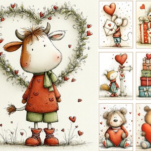 May include: A collection of watercolour illustrations with Valentine's Day themes. The central image depicts a cow character framed by a heart-shaped wreath. Other images include a mouse with a letter, a hedgehog with a gift, a squirrel with a heart balloon, a penguin with gifts, and teddy bears with hearts.
