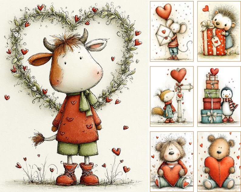 May include: A collection of watercolour illustrations with Valentine's Day themes. The central image depicts a cow character framed by a heart-shaped wreath. Other images include a mouse with a letter, a hedgehog with a gift, a squirrel with a heart balloon, a penguin with gifts, and teddy bears with hearts.