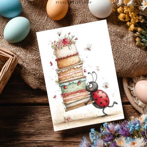 May include: Watercolor illustration of a ladybug carrying a tall, layered cake decorated with flowers and strawberries. The cake has multiple tiers with different colored frosting. The image has a whimsical, storybook style, with small butterflies and flowers scattered around.