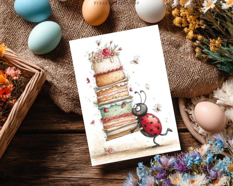 May include: Watercolor illustration of a ladybug carrying a tall, layered cake decorated with flowers and strawberries. The cake has multiple tiers with different colored frosting. The image has a whimsical, storybook style, with small butterflies and flowers scattered around.