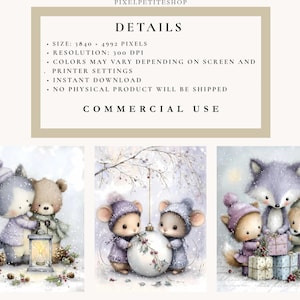 Puede incluir: Impresi&oacute;n de arte digital con tres escenas invernales con adorables personajes de animales. Las escenas incluyen un zorro y un oso con una linterna, ratones con un adorno y un zorro con otros dos animales y regalos. El texto en la parte superior dice "DETAILS" y "COMMERCIAL USE".