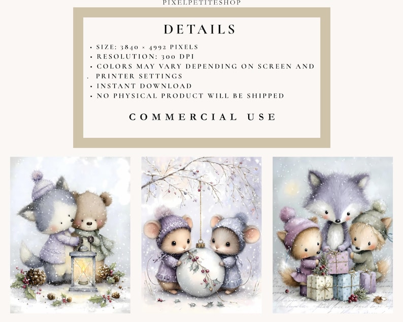 Puede incluir: Impresi&oacute;n de arte digital con tres escenas invernales con adorables personajes de animales. Las escenas incluyen un zorro y un oso con una linterna, ratones con un adorno y un zorro con otros dos animales y regalos. El texto en la parte superior dice "DETAILS" y "COMMERCIAL USE".