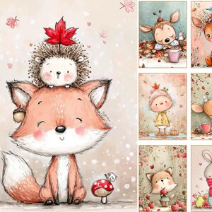 May include: A collection of digital illustrations featuring whimsical woodland animals including a fox with a hedgehog on its head, a deer, a rabbit, and a small bird, all rendered in soft pastel colors with autumn-themed elements like leaves and mushrooms.