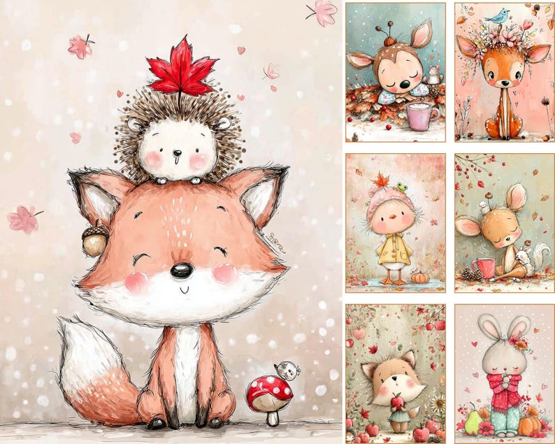 May include: A collection of digital illustrations featuring whimsical woodland animals including a fox with a hedgehog on its head, a deer, a rabbit, and a small bird, all rendered in soft pastel colors with autumn-themed elements like leaves and mushrooms.