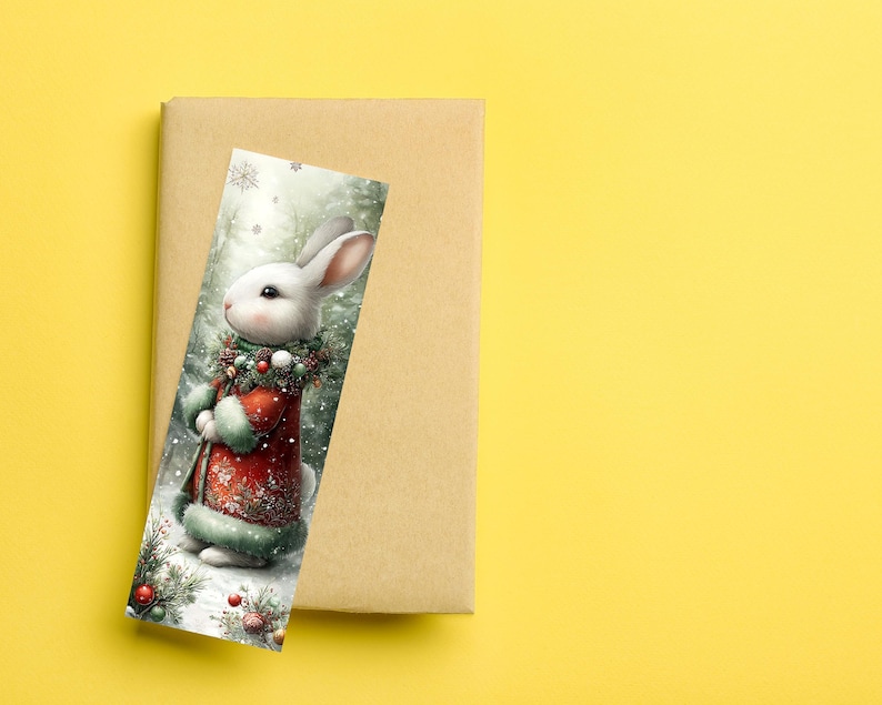 Puede incluir: Un marcap&aacute;ginas navide&ntilde;o con un conejo blanco con un abrigo rojo y ribete de piel verde, sosteniendo un bast&oacute;n. El conejo lleva una corona festiva. El marcap&aacute;ginas est&aacute; sobre un libro marr&oacute;n, sobre un fondo amarillo.