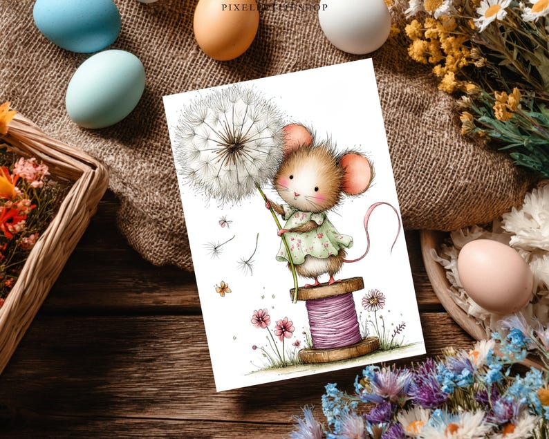 May include: A whimsical illustration of a mouse holding a dandelion. The mouse, with pink ears and a green dress, stands on a spool of thread. Pink flowers and a butterfly are also featured. The artwork is on a white card.
