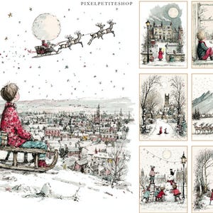 Op de afbeelding: Waterverfillustratie van een kind op een slee dat kijkt naar de slee van de kerstman en zijn rendieren tegen een volle maan. De afbeelding toont een winterse sc&egrave;ne met besneeuwde daken en een sterrenhemel.