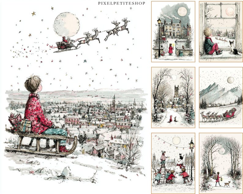 Op de afbeelding: Waterverfillustratie van een kind op een slee dat kijkt naar de slee van de kerstman en zijn rendieren tegen een volle maan. De afbeelding toont een winterse sc&egrave;ne met besneeuwde daken en een sterrenhemel.