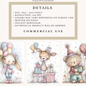 Puede incluir: Ilustraciones en acuarela de un conejito, un ciervo y un oso, cada uno sosteniendo globos y regalos. El conejito viste un atuendo rosa, el ciervo tiene un gorro de fiesta y el oso lleva un gorro de fiesta. El texto "DETAILS" y "COMMERCIAL USE" est&aacute; en la parte superior.