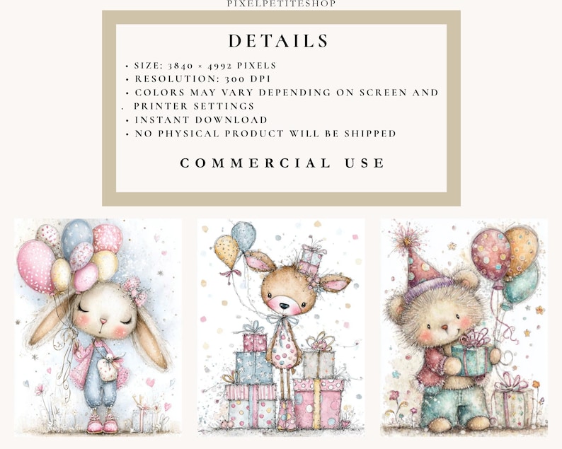 Puede incluir: Ilustraciones en acuarela de un conejito, un ciervo y un oso, cada uno sosteniendo globos y regalos. El conejito viste un atuendo rosa, el ciervo tiene un gorro de fiesta y el oso lleva un gorro de fiesta. El texto "DETAILS" y "COMMERCIAL USE" est&aacute; en la parte superior.