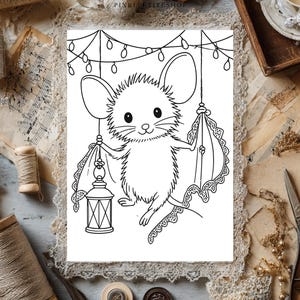May include: A black and white line art illustration of a fluffy mouse with large ears, holding a hanging lantern in one hand and a piece of lace fabric in the other, positioned beneath a string of decorative fairy lights.