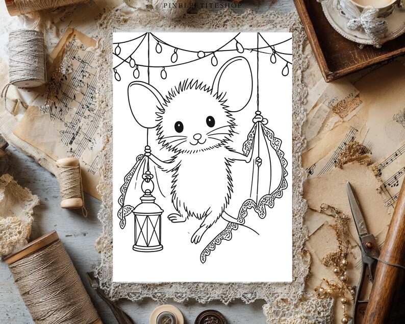 May include: A black and white line art illustration of a fluffy mouse with large ears, holding a hanging lantern in one hand and a piece of lace fabric in the other, positioned beneath a string of decorative fairy lights.