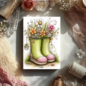 May include: Watercolor illustration of green rain boots filled with colorful flowers. The boots have pink polka-dot soles and are set against a white background. A small gift box hangs from one of the boots. The artwork has a whimsical, spring-like theme.