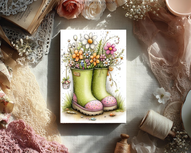 May include: Watercolor illustration of green rain boots filled with colorful flowers. The boots have pink polka-dot soles and are set against a white background. A small gift box hangs from one of the boots. The artwork has a whimsical, spring-like theme.