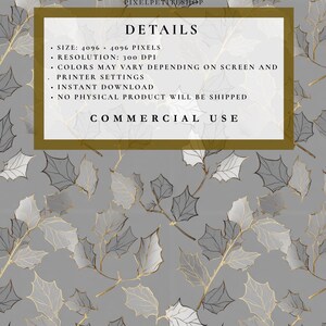 May include: A digital design featuring a repeating pattern of stylized leaves in shades of gray, white, and gold on a gray background. The image includes text that reads "DETAILS" and "COMMERCIAL USE".