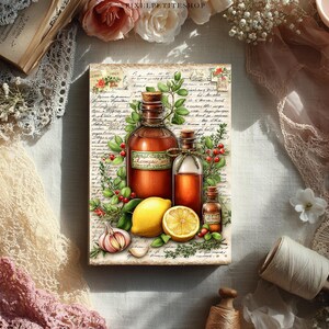 Puede incluir: Una impresi&oacute;n de estilo vintage que presenta tres botellas de boticario marrones con tapones de corcho, rodeadas de ramitas verdes, bayas rojas y un lim&oacute;n. Tambi&eacute;n se incluyen un bulbo de ajo y una rodaja de lim&oacute;n. El fondo es una escritura manuscrita.