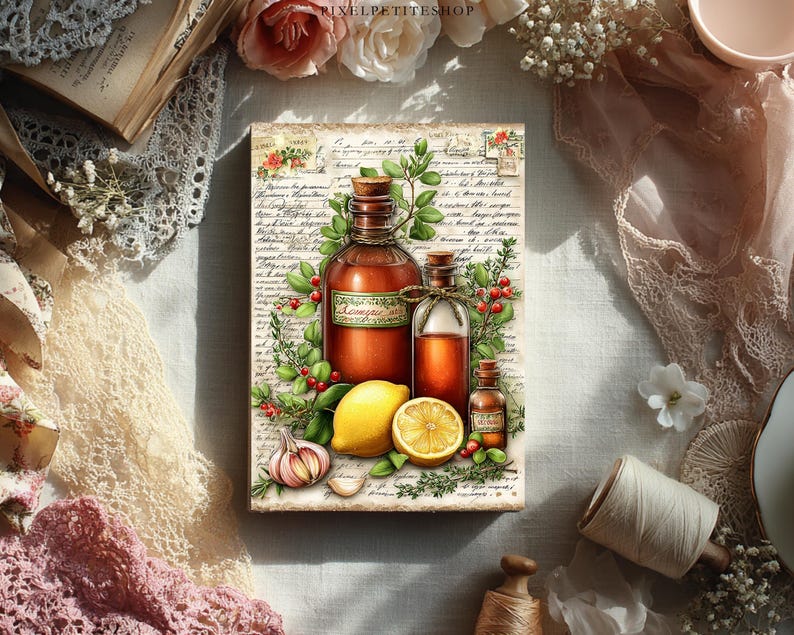 Puede incluir: Una impresi&oacute;n de estilo vintage que presenta tres botellas de boticario marrones con tapones de corcho, rodeadas de ramitas verdes, bayas rojas y un lim&oacute;n. Tambi&eacute;n se incluyen un bulbo de ajo y una rodaja de lim&oacute;n. El fondo es una escritura manuscrita.